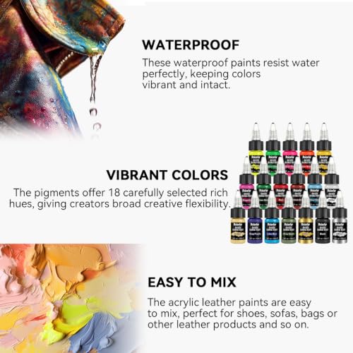 Roizefar Acrylic Leather Paint, 18 Colors with Deglazer & Finisher | All-in-One Kit, Flexible & Waterproof Leather Dye for Shoes, Bags, Jackets, Sneakers, Car Seats, Sofa, 0.34 fl oz Each