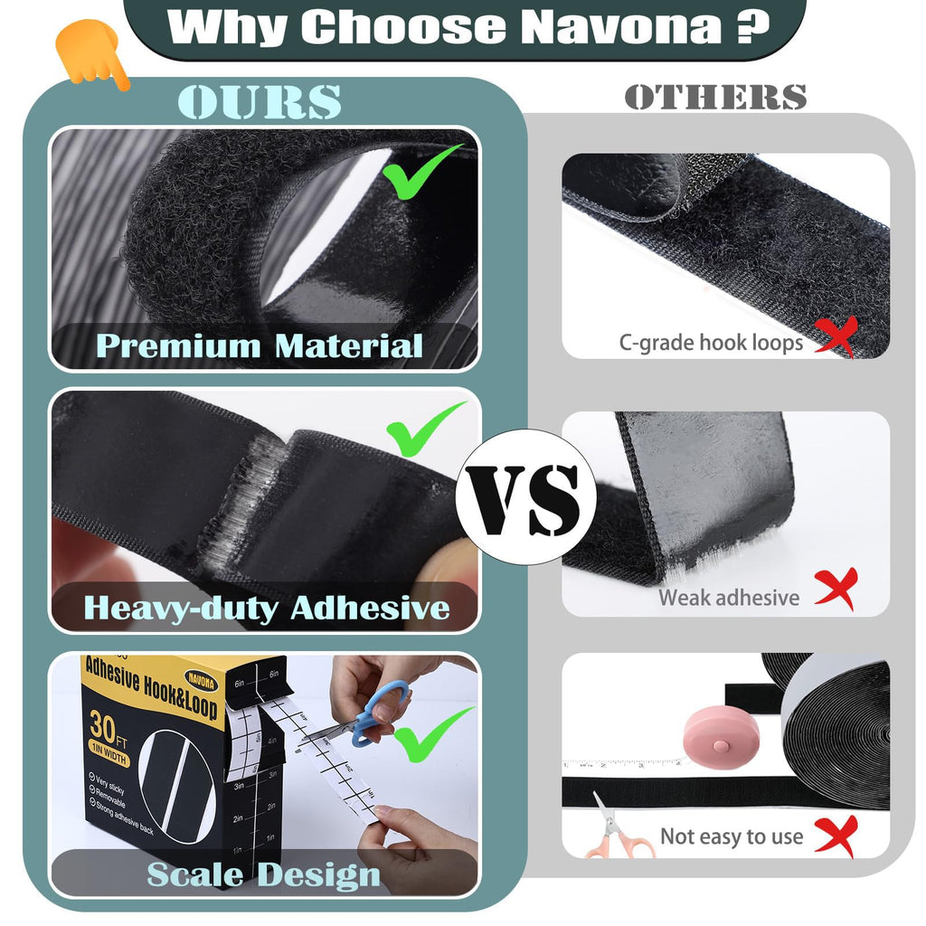 Navona 30Ft x 1 Inch Heavy Duty Hook and Loop Strips with Adhesive, Black | Extra-Strong Hold, Measuring Scale Liner, Bonus Scissors, Durable Nylon Hook & Loop Tape, Ideal for Home, Office & DIY