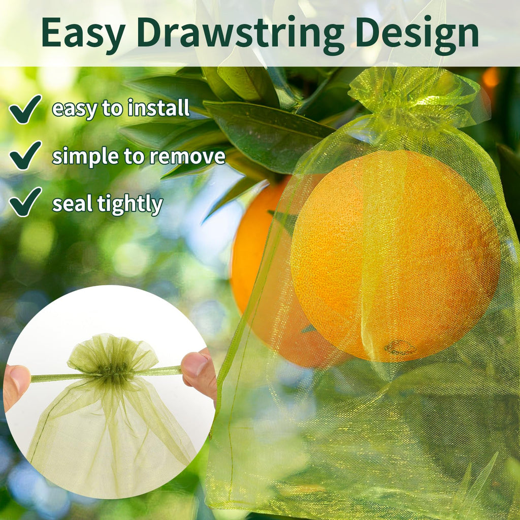 50 Pcs Fruit Protection Bags, 6×9 in Mesh Cover Nets for Tree, Green | Drawstring Netting, Protect Fruits, Dense Fine Mesh, for Vegetables Strawberry Tomato Garden, Reusable and Soft