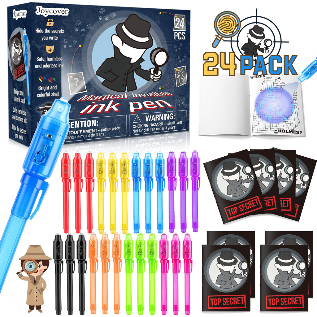 Joycover 24 PCS Invisible Ink Pen with UV Light for Kids, Spy Pens and Notebook，Birthday Party Favors for Kids 4-8, School Prize Goodie Bag Stuffers, UV Pen for Secret Message Escape Room