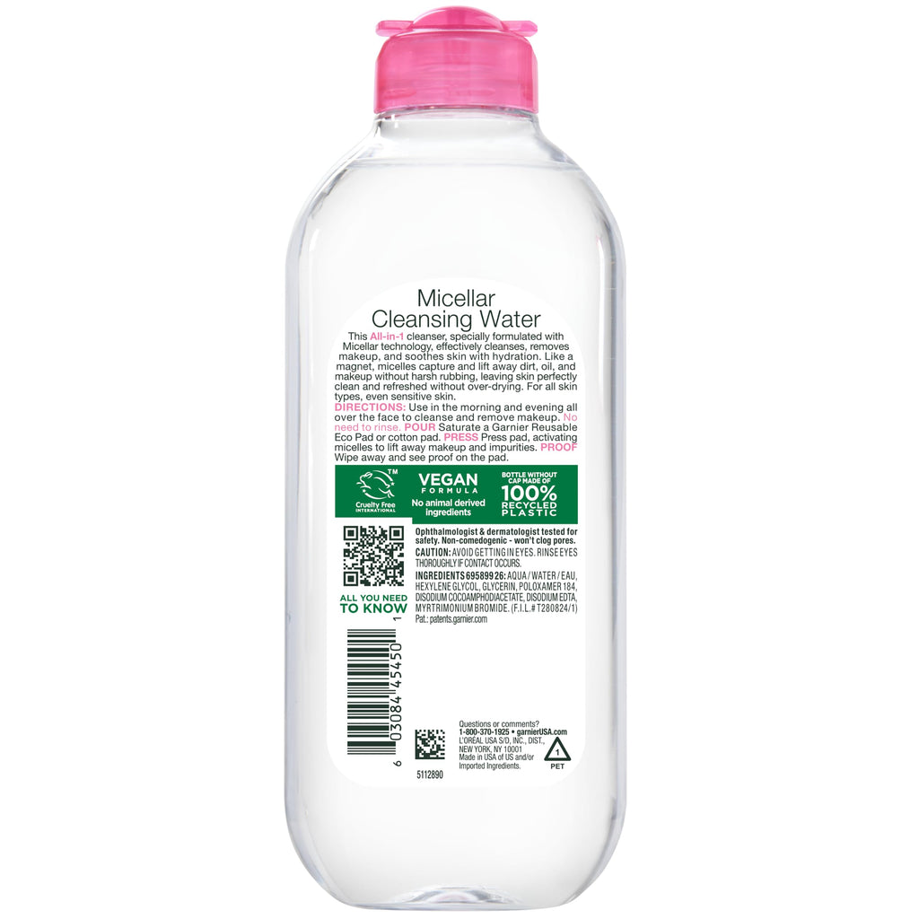 Garnier Micellar Water, Hydrating Facial Cleanser & Makeup Remover, Suitable for Sensitive Skin, Vegan, Cruelty Free, 13.5 Fl Oz (400mL), 1 Count