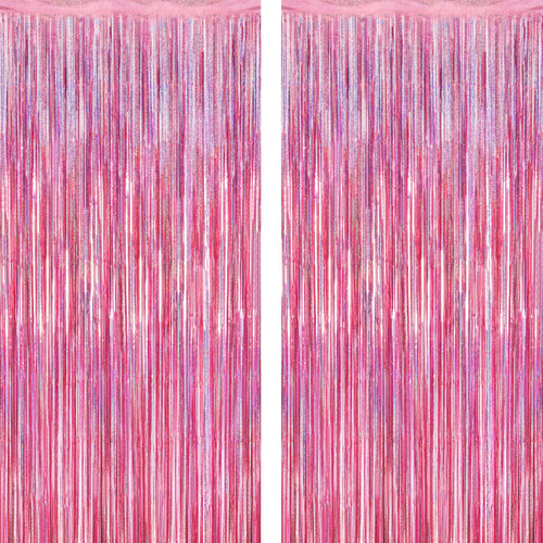 2 Pack Glitter Pink Backdrop, 3.28 FT x 7.05 FT Birthday Party Decorations, Laser Pink Fringe Curtains Foil Streamer Tinsel, Pink Curtains Photo Backdrop Happy Birthday Valentines Day Backdrop