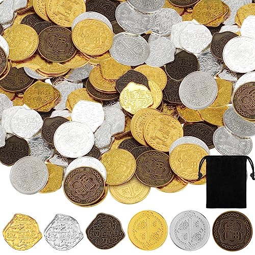 Hanaive 100 Pcs Metal Pirate Treasure Coins, Multicolor, Mixed | Spanish Doubloon Design, Gold Coin, Fake Coin Tokens, Board Game, Pirate Party Supplies, Cosplay, Kid, Adult, Treasure Chest