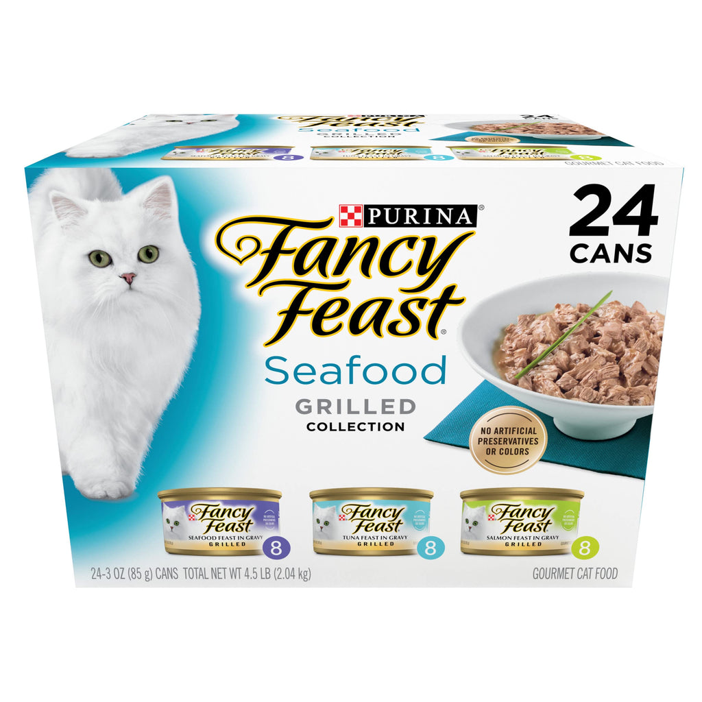 Purina Fancy Feast Grilled Seafood Wet Cat Food, 3 oz Cans, 24-Pack | Variety Pack, crafted with real seafood in savory gravy. Made with no Artificial Colors or Preservatives.