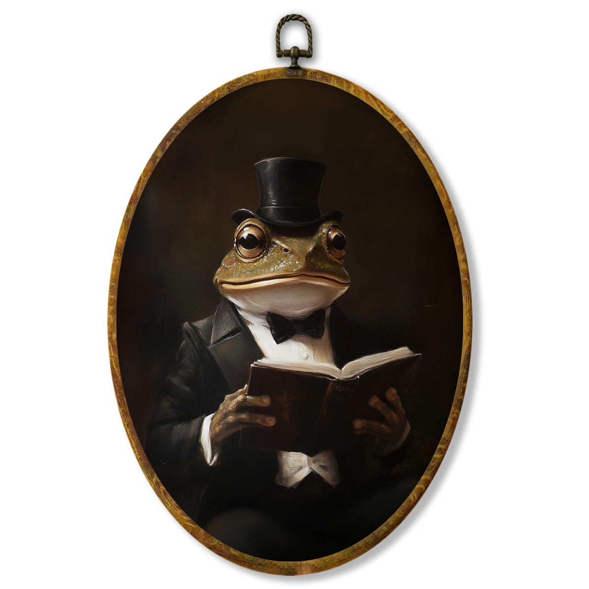 shiviody Vintage Frog Canvas Wall Art Decor, Funny Victorian Frog Gothic Animal Wall Art, Retro Dark Moody Academia Animal Oval Hanging Frame Prints Decorations for Farmhouse Home Dorm 8.6"x11.4"