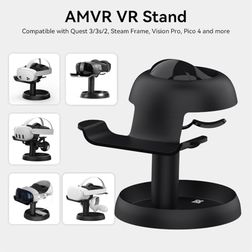 AMVR TYBP1 VR Headset Stand for Quest 3/3S/2, Steam Frame, Pico 4, PSVR 2 | Stable enlarged base,ABS build,lens scratch protection,holds headset & controllers,multi-accessory storage,quick instal