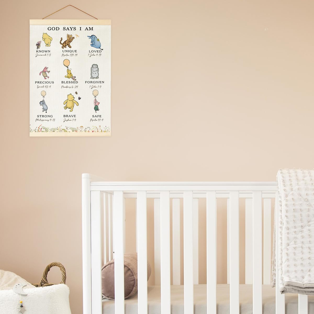 Winnie Biblical Affirmations Wall Art, The Pooh Canvas Wall Art Painting for Room, Wooden Hanging Rod Religious Gifts, Nursery Decoration For Boy or Girl