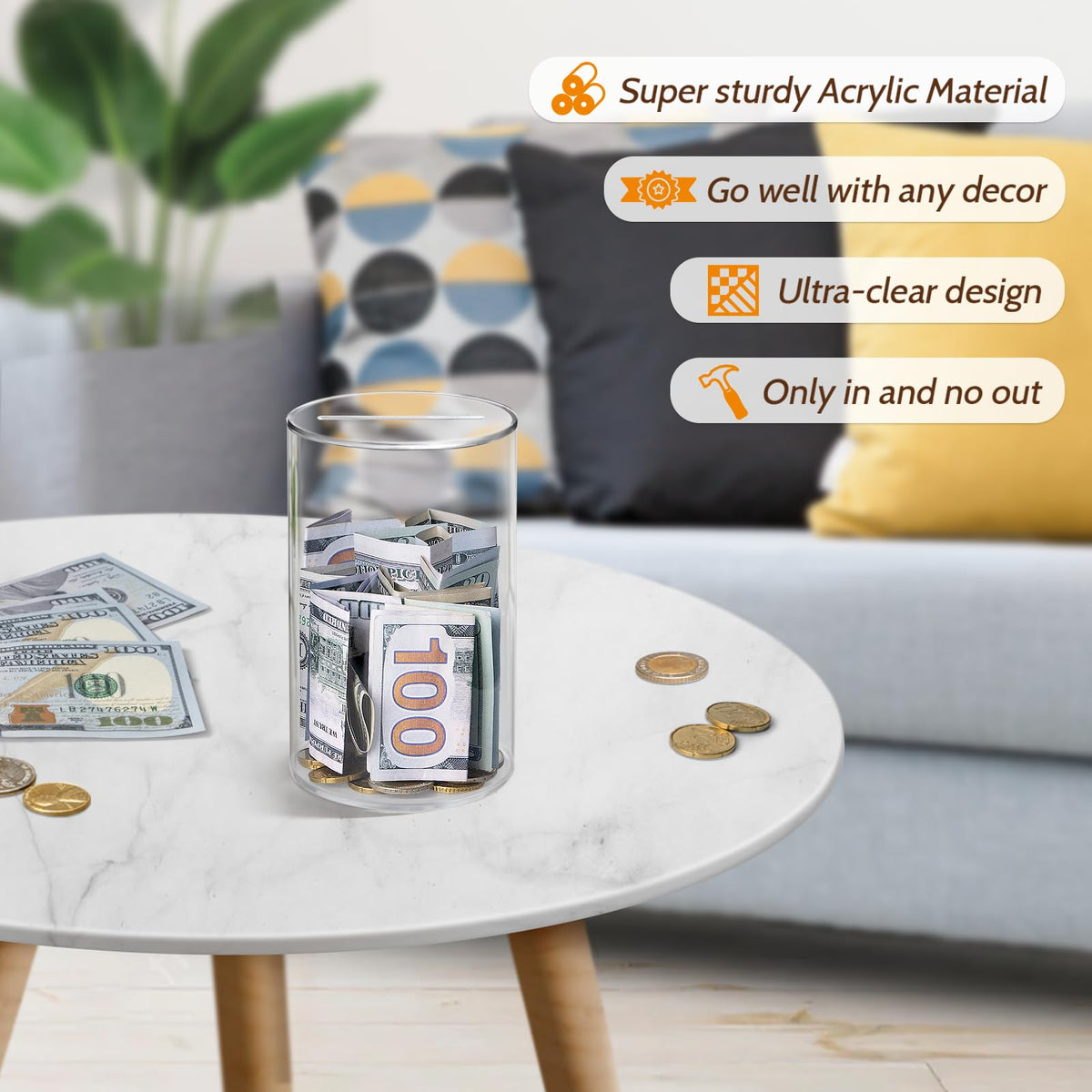 Hicocool Clear Piggy Bank, Must Break to Open, Acrylic Money Bank, 6"x3.54" | Unopenable Coin Bank for Adults & Kids, Clear Acrylic Money Saving Bank, Perfect for Birthdays, Holidays, and Gift Giving