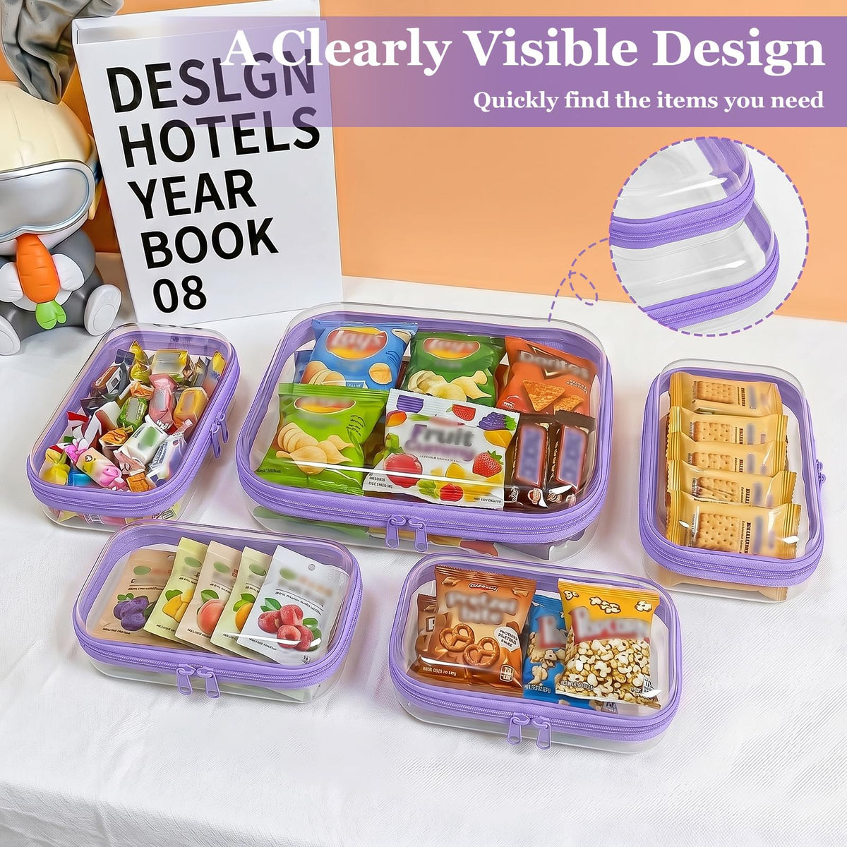 CarryEpic Clear Hard Shell Zipper Cases (5 Packs), Plastic Hard Sided Zippers Pouches Clear Hardshell Pencil Case For Storage, Diaper Bag Organizer Bliss Bins 4*Small/1*Medium, Purple