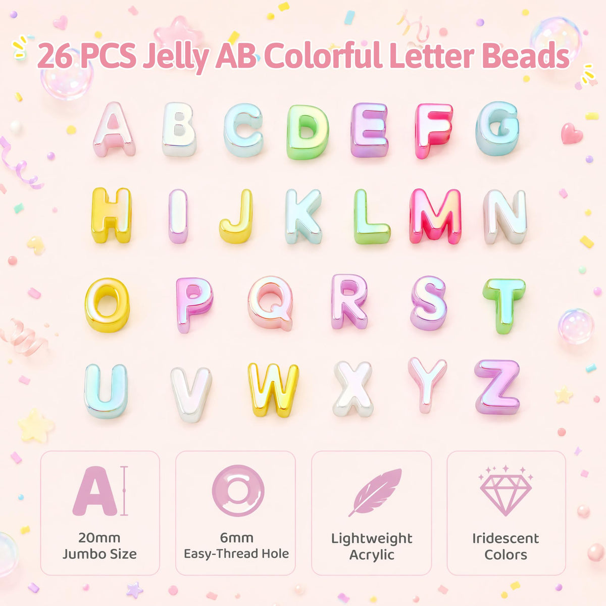 Leovqn 26 Pcs Large A to Z Letter Beads Cute Chunky Alphabet Beads | Jelly Colorful, 3D Bubble Durable Acrylic, Easy to Thread Large Hole, for DIY Crafts/Keychain/Bracelets/Bag Charms/Paracord