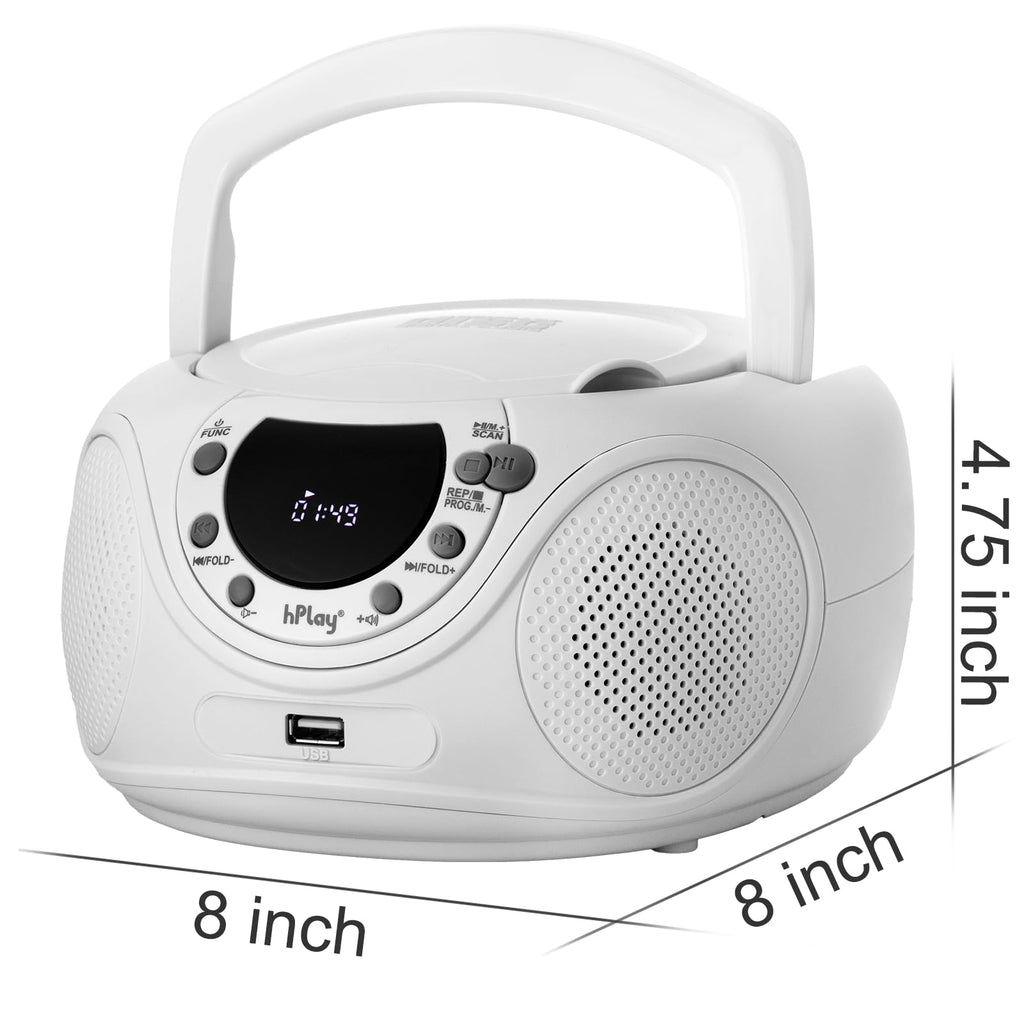 hPlay P16 Portable CD Player Boombox with Bluetooth, White | CD/CD-R/MP3-CD, FM Digital Radio, USB/MP3 Playback, Aux-In & Headphone Jack, AC/Battery Powered