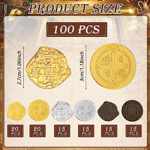 Hanaive 100 Pcs Metal Pirate Treasure Coins, Multicolor, Mixed | Spanish Doubloon Design, Gold Coin, Fake Coin Tokens, Board Game, Pirate Party Supplies, Cosplay, Kid, Adult, Treasure Chest
