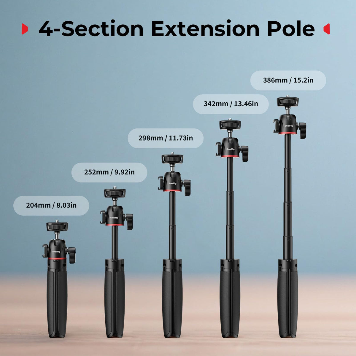SMALLRIG Small Camera Tripod Selfie Stick, Extendable 8"-15" Mini Tripod | Carabiner with Mantis Hook, 360° Ball Head, Cold Shoe Mount, 1/4"-20 Screw for DSLR, Adapter for DJI, for GoPro - 5285