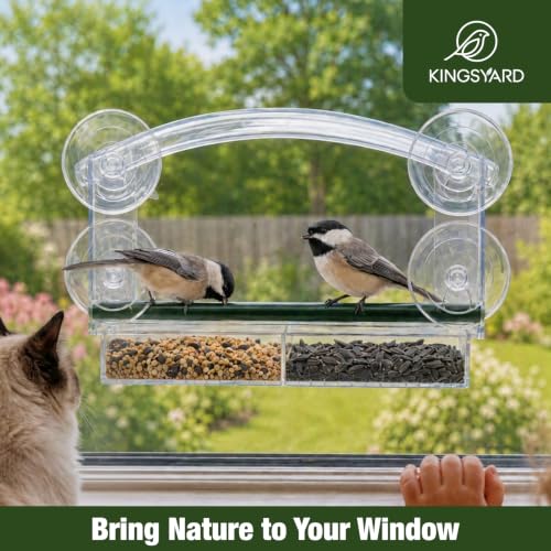 Kingsyard Window Bird Feeder with 4 Extra Strong Suction Cups | Crystal Clear Durable PC, Extra Wide Perch, Lift-Out Seed Tray, Easy to Clean & Refill, Bird Watching Gift, Garden Decor