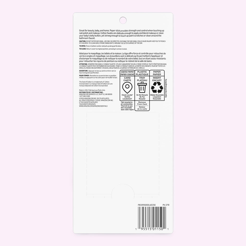 Amazon Basics Double-Tipped Cotton Swabs for Personal Hygiene and Baby Care, Cotton, Versatile, 500 Count