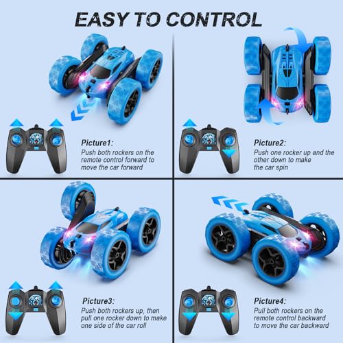 QUNREDA Remote Control Car, RC Cars Toys for Kids Ages 6-12, 4WD Stunt Car with LED Lights & 360° Flips, 2.4GHz, Upgraded USB-C Modular Batteries, 8-10 Year Old Boys Birthday Gift 1-Blue
