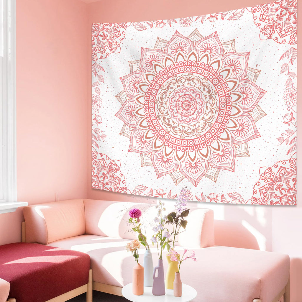 Apdidl Pink Boho Wall Tapestry for Bedroom,Mandala Bohemian Tapestries Girl | Girls Large Light Pink and White Cute Room Wall Hanging, Floral Hippy Flowers Teen Wall Decor Art Aesthetic for Dorm 51"X60"