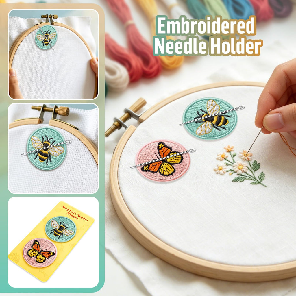 DELLAN 2-Pack Magnetic Needle Minder for Cross Stitch & Embroidery | Magnet keeper for cross stitch, embroidery, quilting & needlepoint Cute bee & butterfly sewing craft gifts