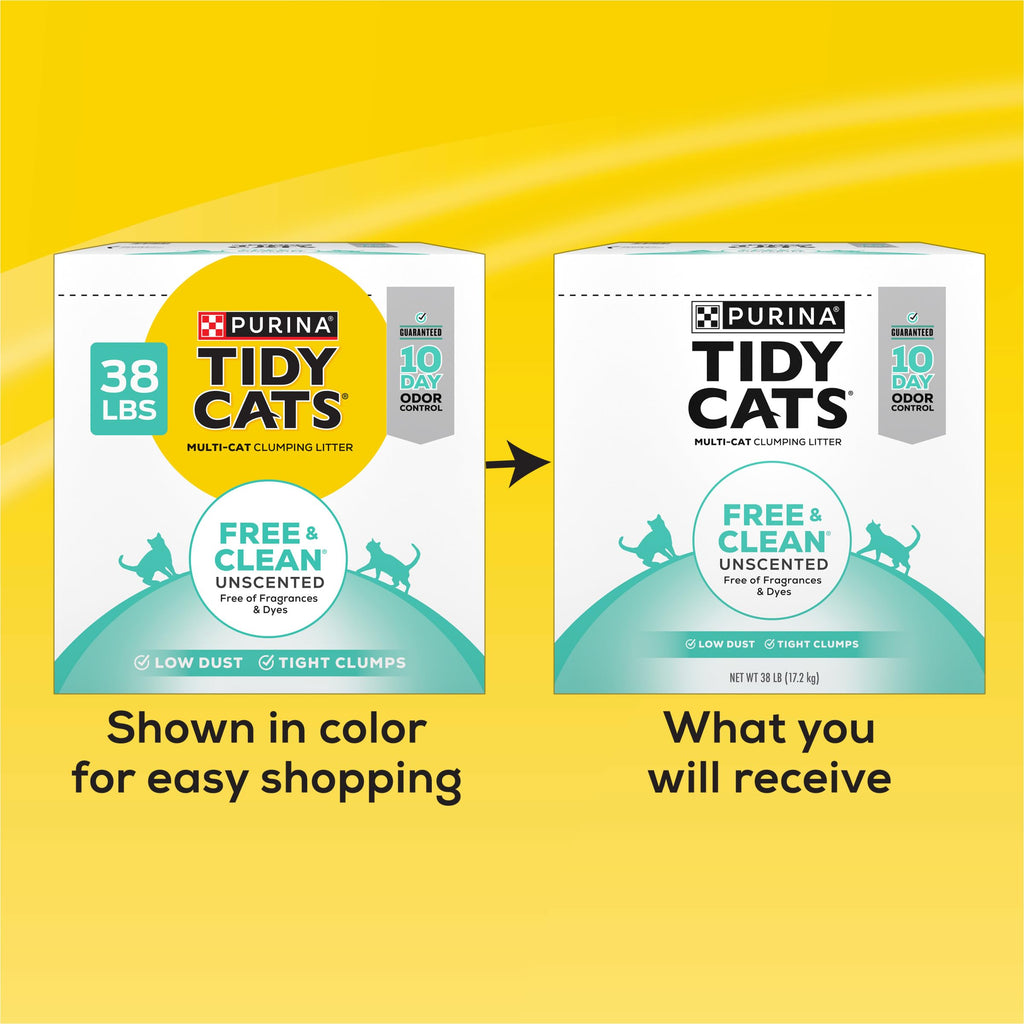 Purina Tidy Cats Free and Clean Unscented Clumping Cat Litter, 38 lb Box | Activated charcoal delivers lasting odor control, made without fragrances or dye, clumping