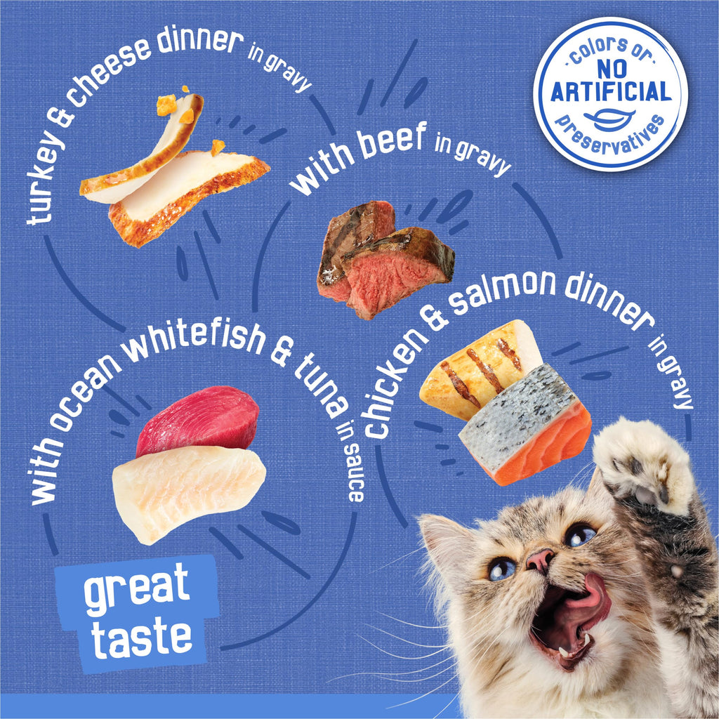 Purina Friskies Wet Cat Food Variety Pack, Shreds, 40 Pack 5.5 oz Cans | Beef, turkey and cheese, chicken and salmon, and ocean whitefish and tuna recipes in savory gravy