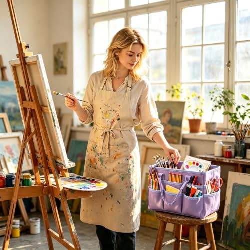 AUVCAS Craft Organizer Tote Bag, Art Supply Organizer Bag for Art Supplies | 10 Pockets,Portable Handle,Collapsible Design,Reinforced Base,Sturdy Art Caddy Bag for Scrapbooking,Craft,Art,Sewing
