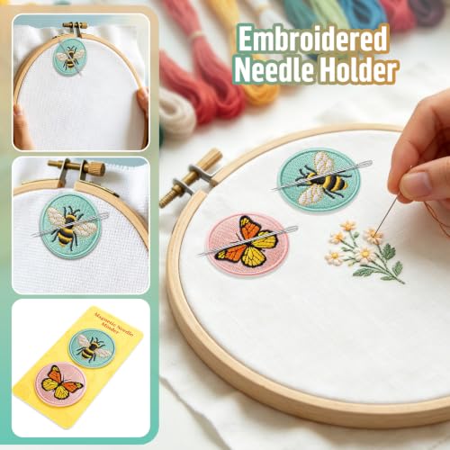 DELLAN 2-Pack Magnetic Needle Minder for Cross Stitch & Embroidery | Magnet keeper for cross stitch, embroidery, quilting & needlepoint Cute bee & butterfly sewing craft gifts