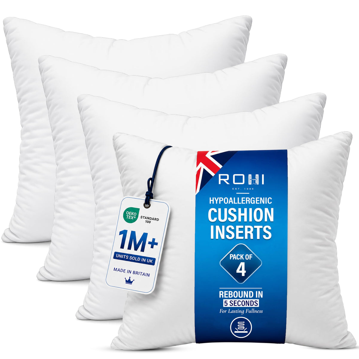 Rohi Set of 4 Hypoallergenic Cushion Pads 45cm x 45cm - White Polyester Square Cushions - Decorative Cushion Inserts 45cm x45cm (Pack of 4 | 18"x18")