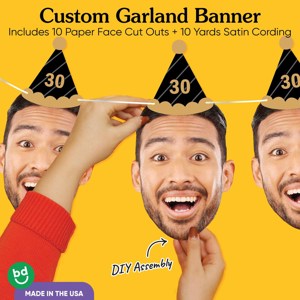 Custom Photo Adult Black & Gold Birthday Age Hat - Garland Banner - 10pc | Personalized Photo Banner, 10 Face Cutouts with Cone Hats, Custom Birthday Age Decorations, Cord Included, USA-made