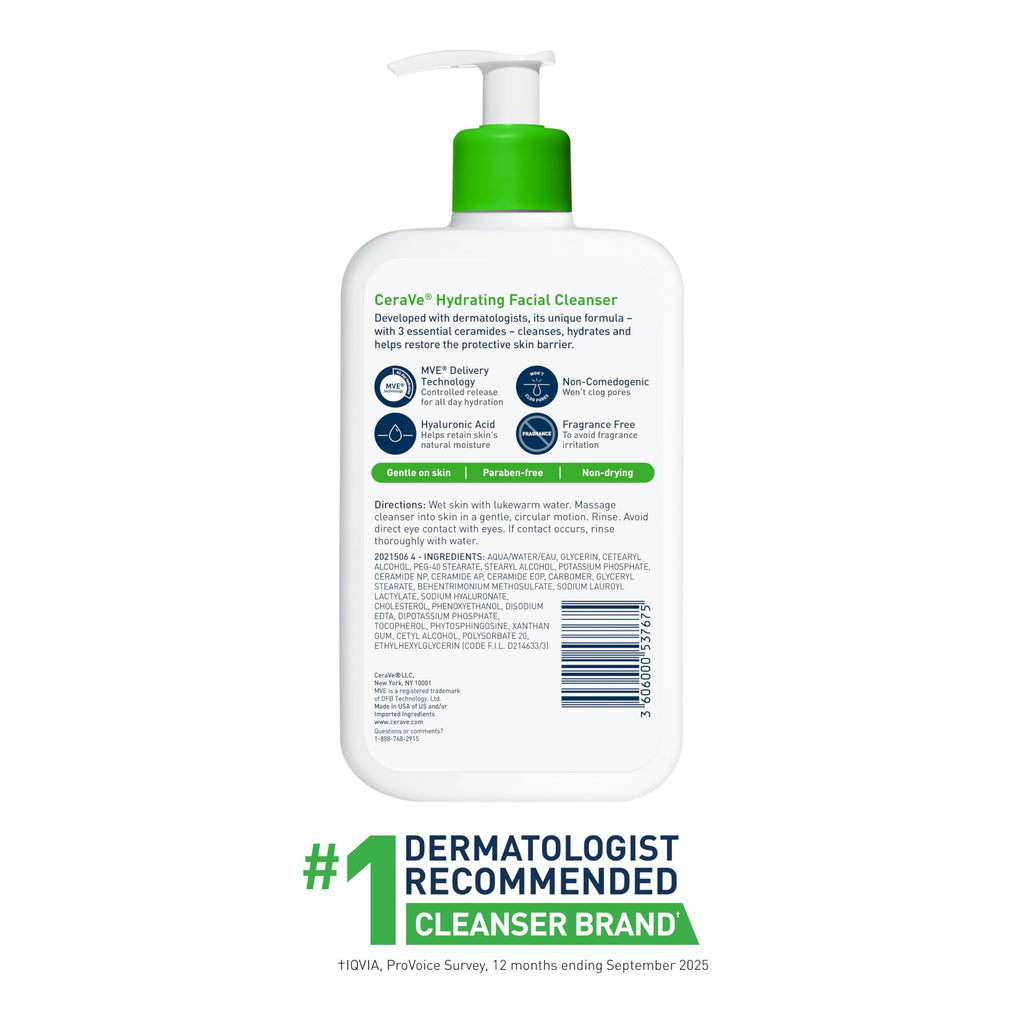 CeraVe Hydrating Cleanser with Hyaluronic Acid, Gentle Face Cleanser,16oz | Daily Face Wash & Makeup Remover with Glycerin, Skin Care for Men and Women, National Eczema Association Certified