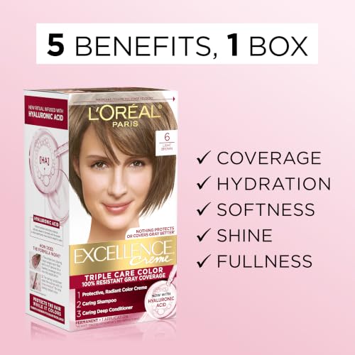 L'Oreal Paris Excellence Crème Permanent Hair Dye, Triple Care Hair Color with Hyaluronic Acid for 100% Gray Coverage, 4 Dark Brown, 1 Kit (Packaging May Vary)