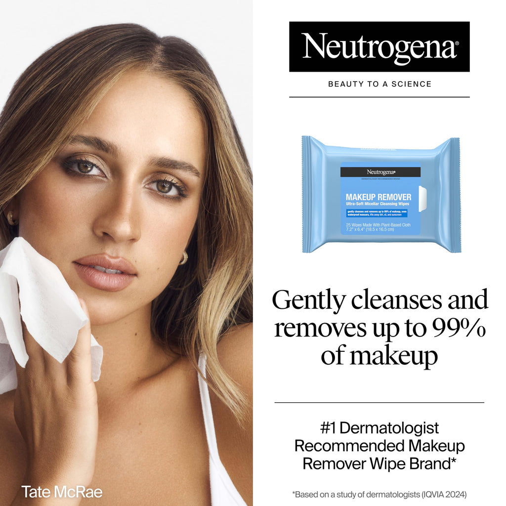 Neutrogena Makeup Remover Micellar Wipes, 2 Pack of 25 Ct | Plant-Based Micellar Water Cleansing Cloths, Gently Removes Oil, Dirt & Waterproof Makeup, No Heavy Residue, Alcohol-Free