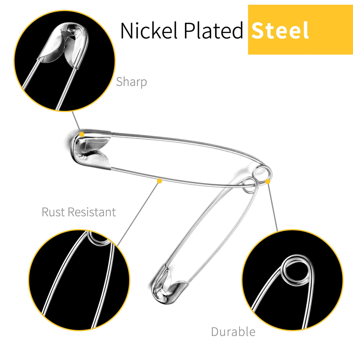 XKDOUS 150 Pack Safety Pins for Clothes 3 Universal Assorted Sizes, Silver | Small & Large Safety Pin, Strong Heavy Duty Sharp Edge Pins Bulk, Fasteners for Clothing, Sewing, Crafting