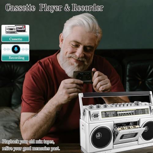 Retro Classic 80s Style Portable Boombox with Cassette Player Recorder, AM/FM/SW1/SW2 Radio, Bluetooth, USB/Micro SD Slots, Headphone Jack, 24W Dual Full-Range High Bass Speakers