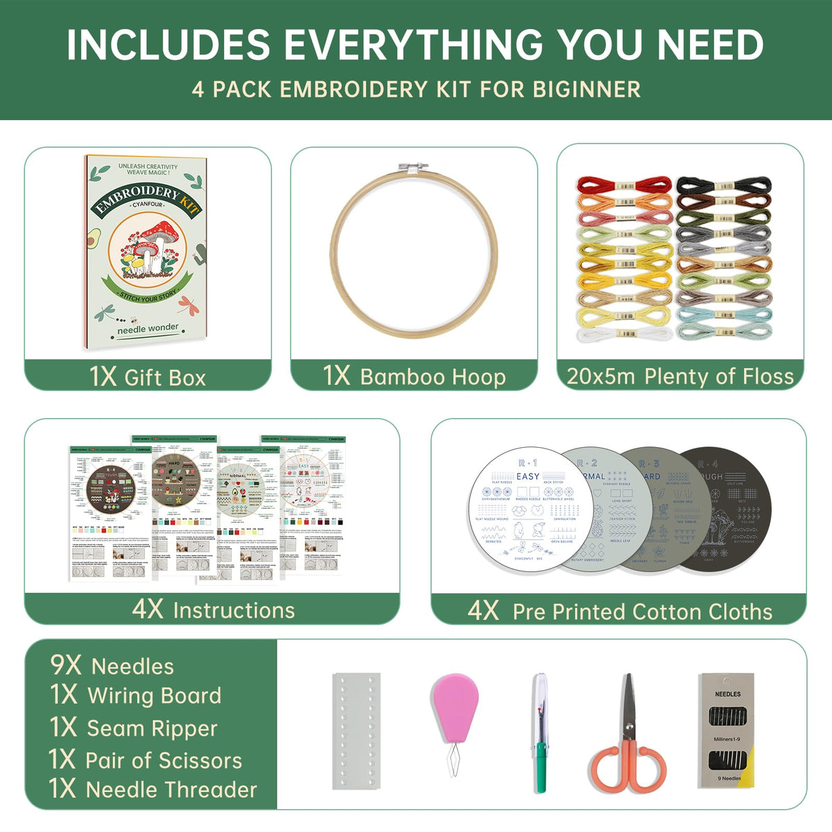 CYANFOUR Embroidery Kit for Beginners with Step-By-Step Guidance & Videos | 4 Stages to Learn 38 Stitches, Includes Multiple Accessories, Gift for Craft Lovers