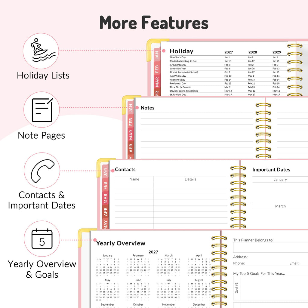 Forvencer Planner 2027-2028, 18 Month Calendar Planner, Jan 2027-June 2028 | 8.5"x11", Weekly and Monthly, Daily Agenda Book with Tab, Spiral Journal Organizer for Office Home Teacher School, A4, Pink