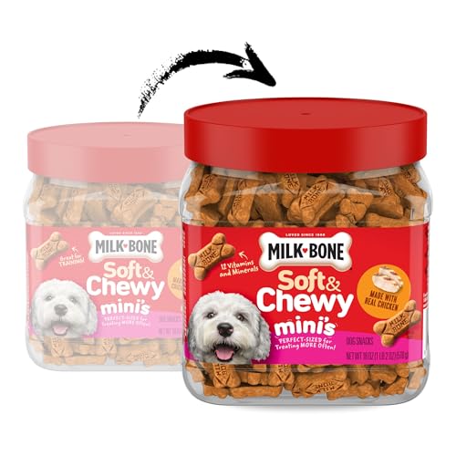 Milk-Bone Soft & Chewy Mini's Dog Training Treats, 18 oz Canister | Made with real chicken breast, small dog treats for training and rewarding, 18% protein, fortified with vitamins and minerals