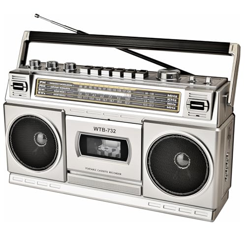 Retro Classic 80s Style Portable Boombox with Cassette Player Recorder, AM/FM/SW1/SW2 Radio, Bluetooth, USB/Micro SD Slots, Headphone Jack, 24W Dual Full-Range High Bass Speakers