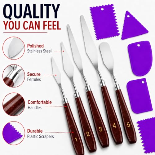 Painting Palette Knife- 5pcs Palette Knives With 6 Plastic Scrapers Set | 11Pcs Art Paint Tool Stainless Steel Spatula for Oil, Canvas, Acrylic Painting & Cake Decorating