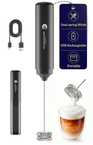 New England Stories Handheld Rechargeable Milk Frother Wand | Rich Foam in Seconds, 2-in-1 Dual Spring Whisk, Travel Cover included, Perfect Drink Mixer for Lattes & More