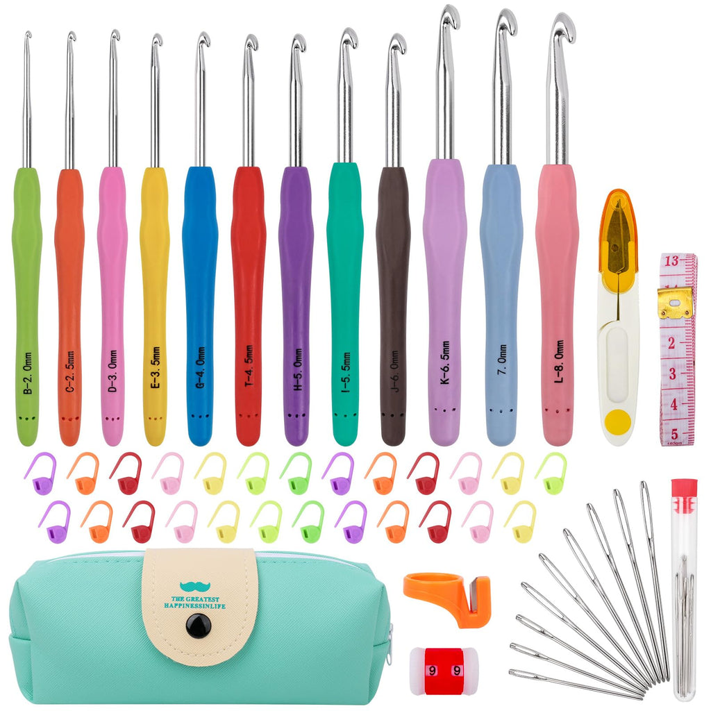 MECHEER Crochet Hooks 12 Sizes Set, 51 Pack Yarn Crochet Kit for Beginners | Knitting Needles with Ergonomic Handles for Arthritic Hands, Crochet Needle Kit with Blue Case for Crocheters