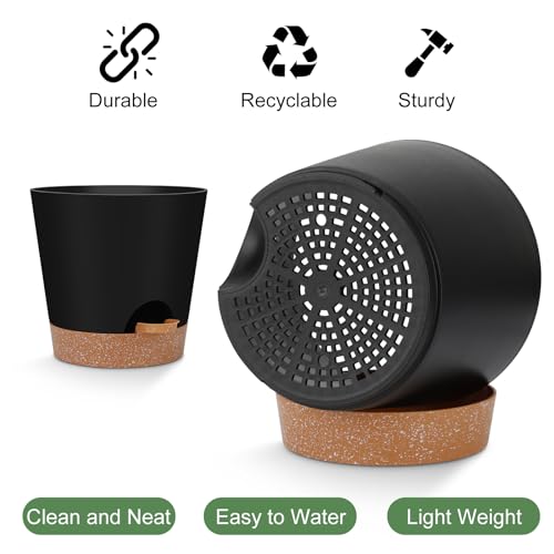 YNNICO 8,7, 6.5, 6, 5.5, 5 Inches Self Watering Planters for Indoor Plants | Black,Drainage Holes and Saucers,Modern Lightweight Plastic Plant Pots for Indoor/Outdoor.