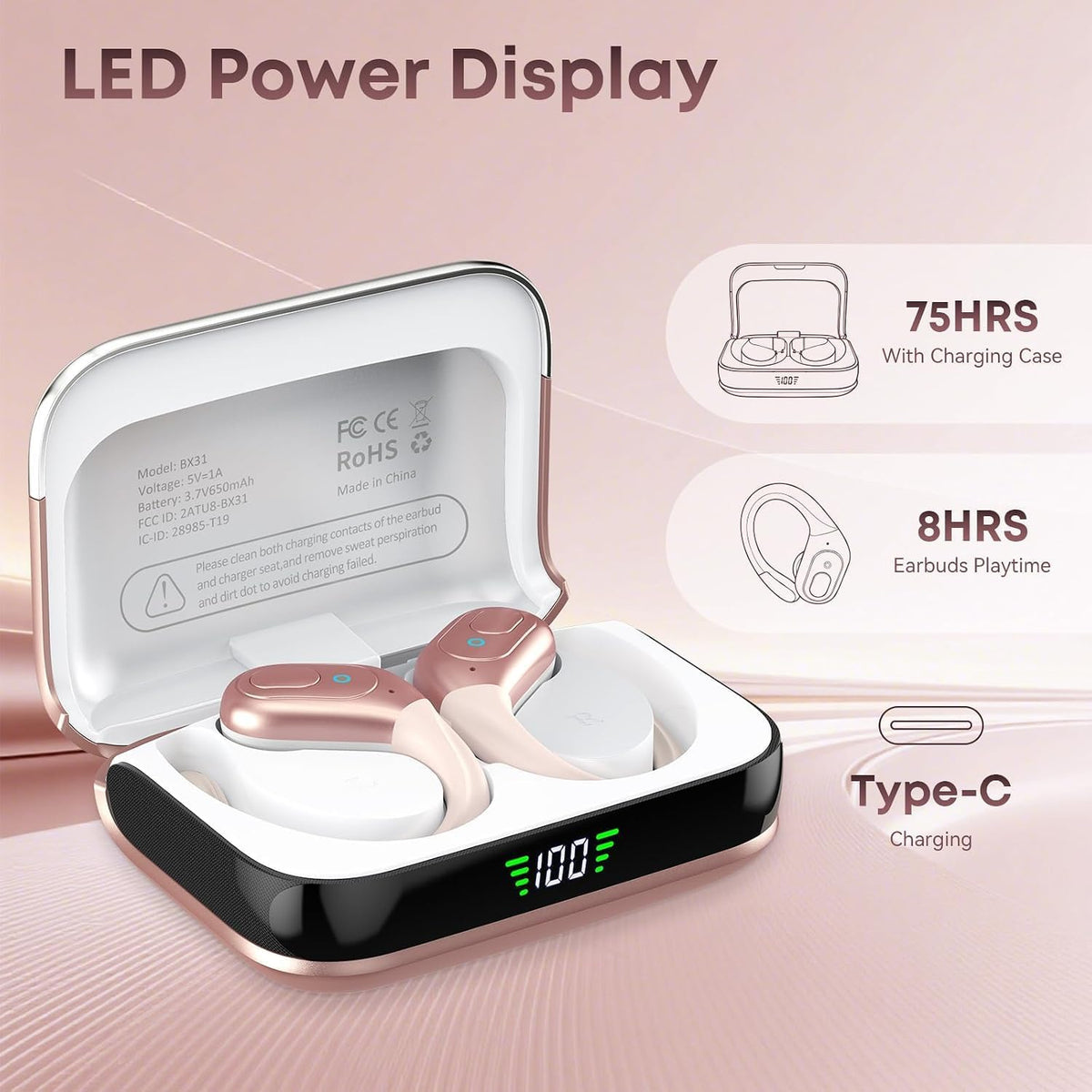 HILDCROA Wireless Earbuds, Sports Bluetooth Headphones, Running Headphones | 75Hrs Playtime Ear Buds with LED Power Display, Noise Canceling Headset, IPX7 Waterproof Earphones for Gym/Running/Workout