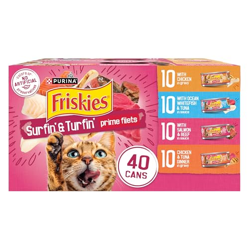 Purina Friskies Prime Filets Cat Food Variety Pack, 40 Pack 5.5 oz Cans | Surfin' and Turfin' wet cat food favorites in a savory gravy, made with real meat, poultry and seafood