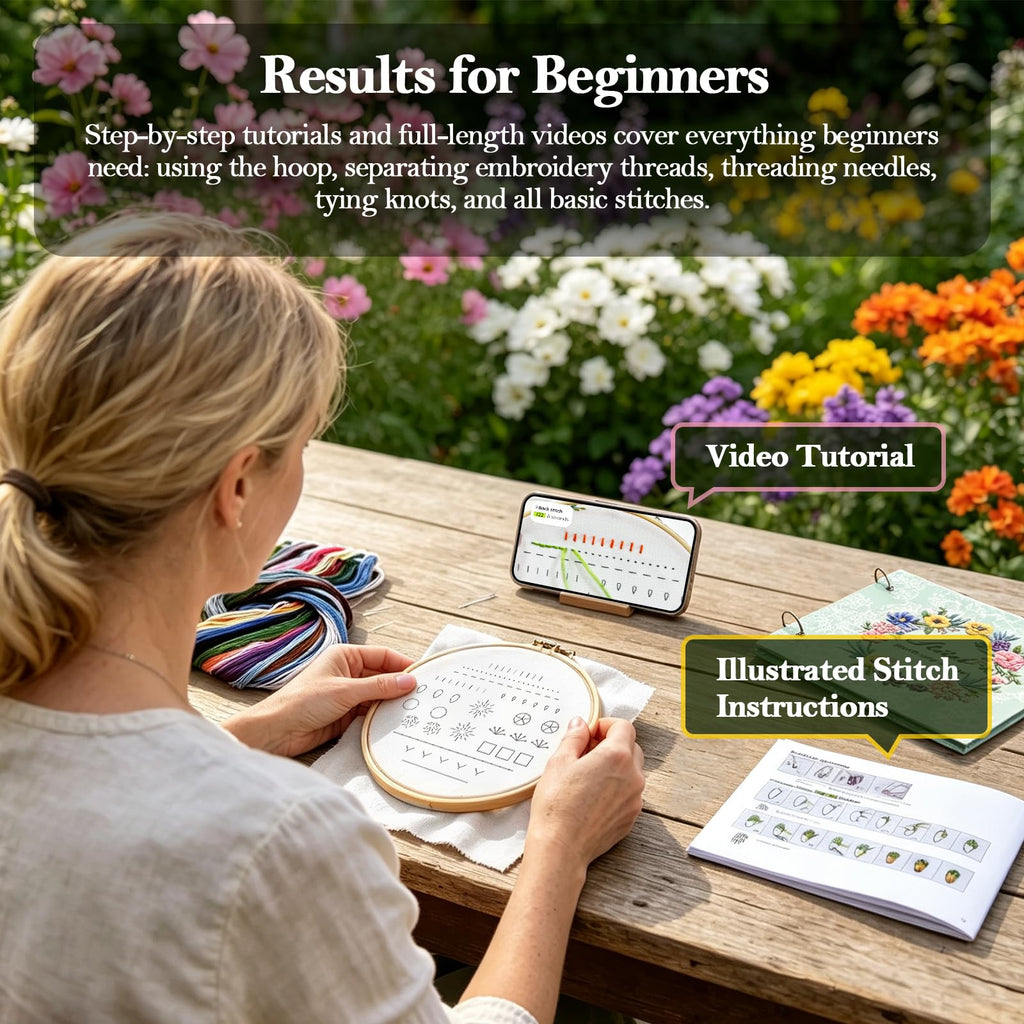 Embroidery Stitch Book with Video-Guided Tutorials on Every Page, 27 Essential Stitches, Beginner Embroidery Kit with Floral & Holiday Motifs. Portable Hand Embroidery Kit, Gift for Craft Lovers.