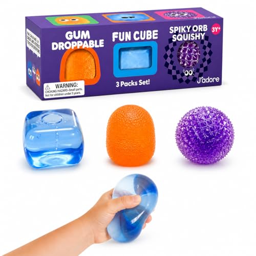 J’Adore 3 Pack Squishy Toys for Kids, Sensory Stress Relief Toys Set, Fun Cube, Gum Droppable & Spiky Orb, Soft Squeeze Fidget Toys for Toddlers Ages 3+, Party Favors & Gifts