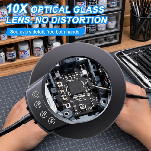 LED Desk Magnifying Lamp with Clamp,10X Magnifying Glass with Light | 5 Color Modes Stepless Dimmable Magnifier Light 3000K-6500K, 5V/2A USB Powered Hands Free Flexible Goose-Neck