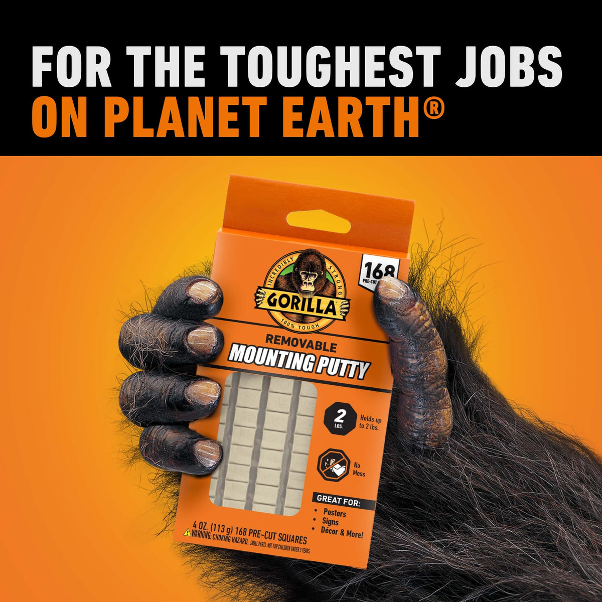 Gorilla Removable Mounting Putty, Reusable Tack, 168 Pre Cut Squares | Repositionable adhesive putty holds up to 2 lbs. No-mess mounting for posters, signs & décor, indoors or out