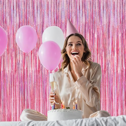 2 Pack Glitter Pink Backdrop, 3.28 FT x 7.05 FT Birthday Party Decorations, Laser Pink Fringe Curtains Foil Streamer Tinsel, Pink Curtains Photo Backdrop Happy Birthday Valentines Day Backdrop
