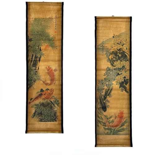 CIFIBIFUN Wall Scroll Hanging Painting Decor Japanese Art Koi Fish Fengshui | 4Panels,Ancient Japan Paintings Replica ,Asia Traditional Art, Attract Wealth, Four Season Flower