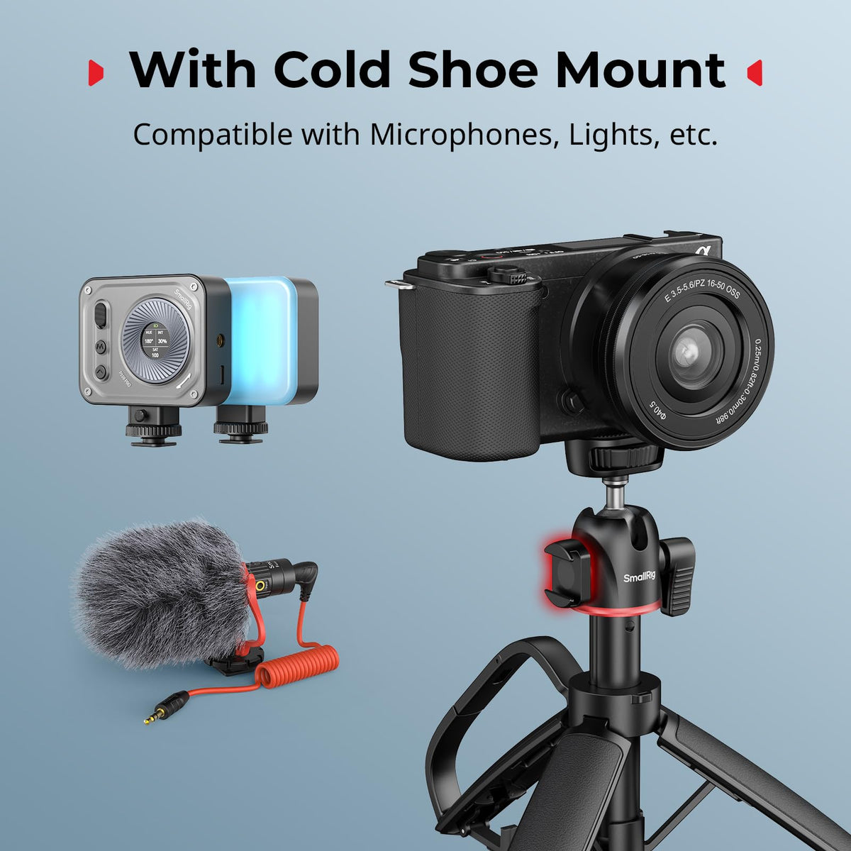 SMALLRIG Small Camera Tripod Selfie Stick, Extendable 8"-15" Mini Tripod | Carabiner with Mantis Hook, 360° Ball Head, Cold Shoe Mount, 1/4"-20 Screw for DSLR, Adapter for DJI, for GoPro - 5285